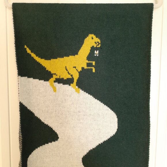 Urban Outfitters Dinosaur Scene Knit Scarf with Fringe Green Blue - Picture 6 of 9